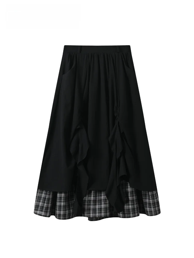 

High Waist A-Line Skirt Women's Plaid Patchwork Fake Two-Piece Spring New plus Size Casual High Waist Skirts