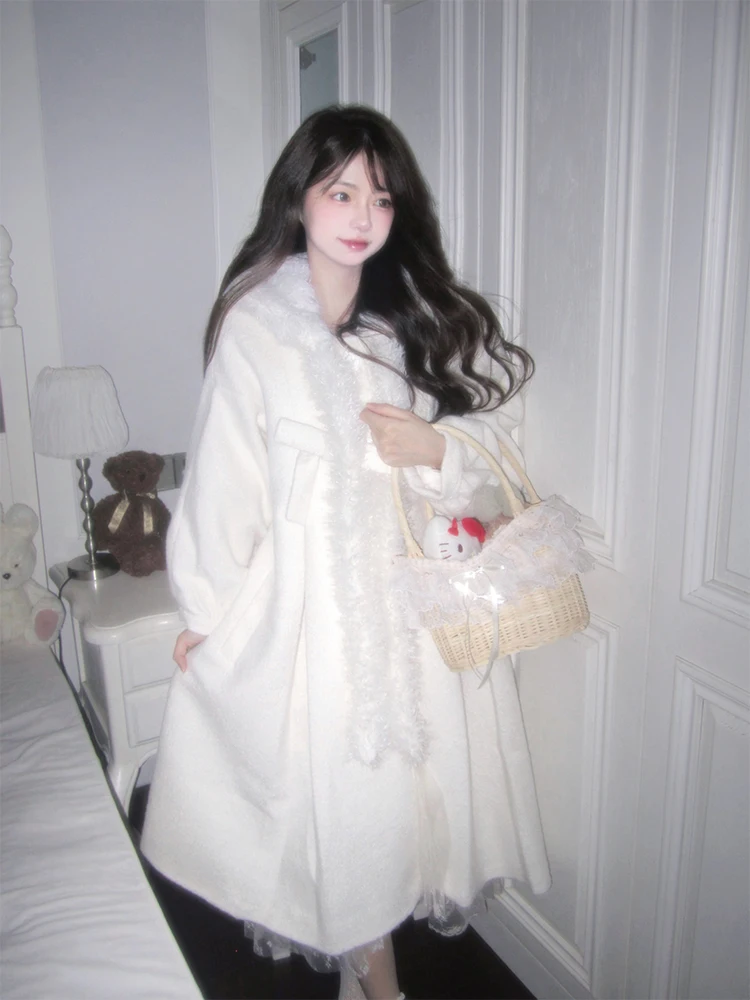 2025年冬新作ミドル丈レディースコート、ゆったりとしたウール素材のジャケット、ロング丈、フード付き、ホワイトカラー、韓国風ストレートカット