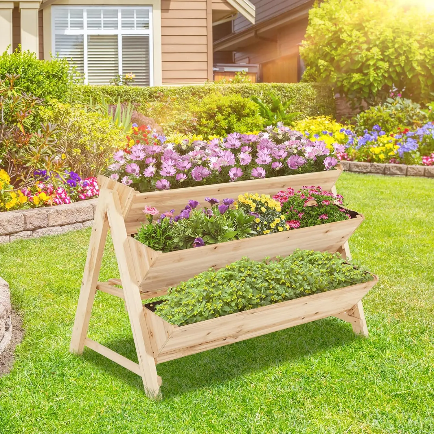 Comfort Corner 3-Tier Vertical Garden Bed, Wooden Planter Bed with,Storage Shelf,Outdoor Plant Box Stand for Yard Garden Planter