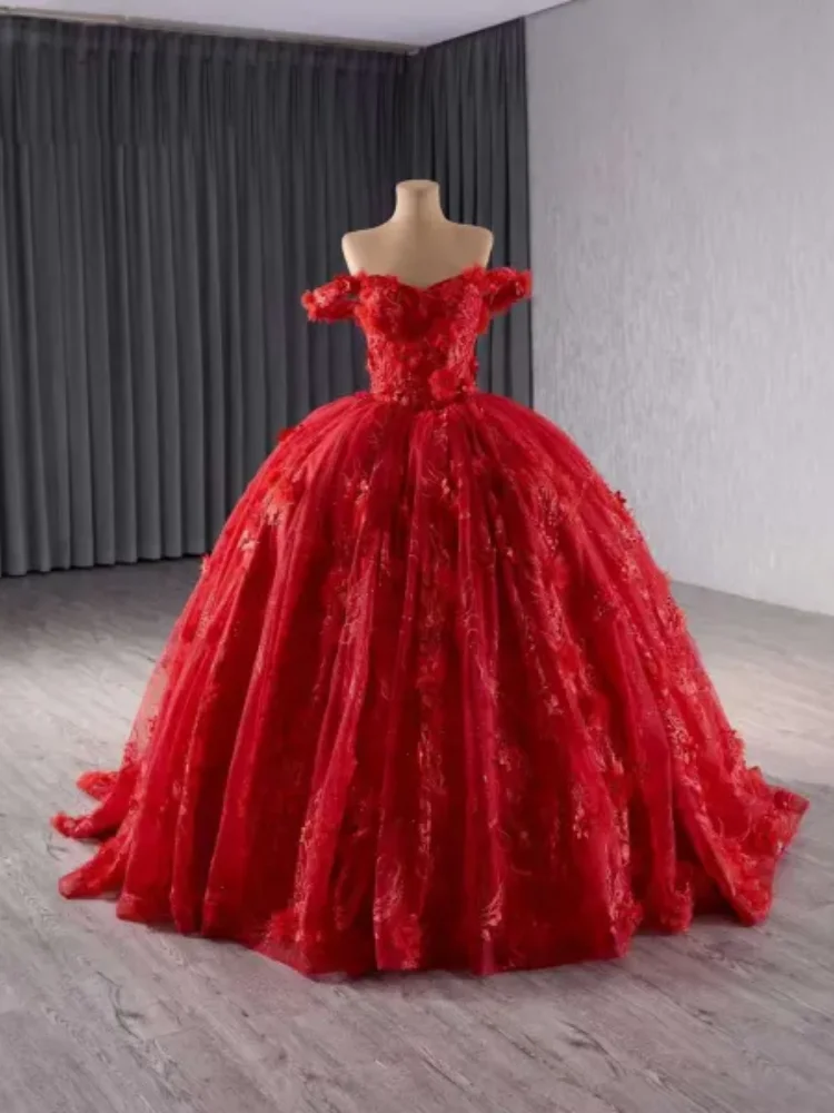 

2025 Women's Customized Red Dress Wedding Dress Off Shoulder Design Large Skirt With Strap Back Gorgeous And Romantic