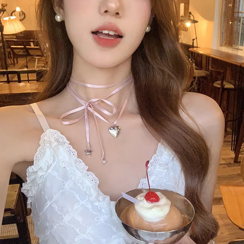 Pink & Black Long Lace Heart Pendant Necklace for Women Neck Clavicle Ribbon Sexy Bell Choker Lady Jewelry Accessories Girl Gift