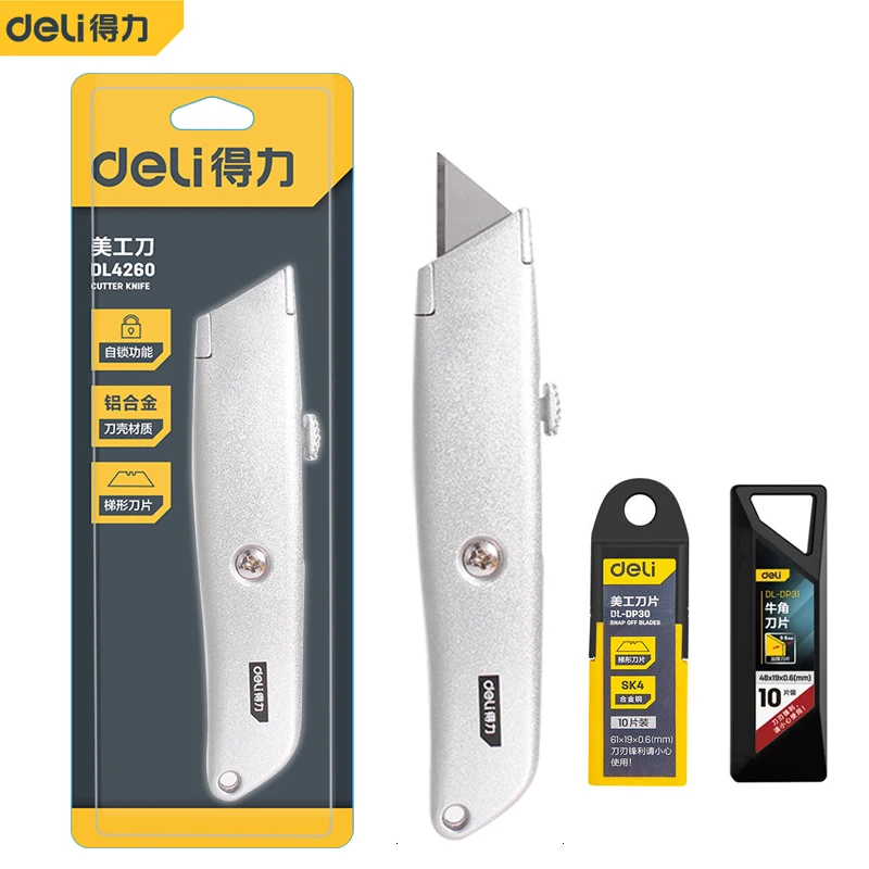 Deli Stainless Steel Box Cutter Utility Knife, SK2 Metal Blade Big Size Box Opener Cutting Self-Locking Design Paper Cutter Tool