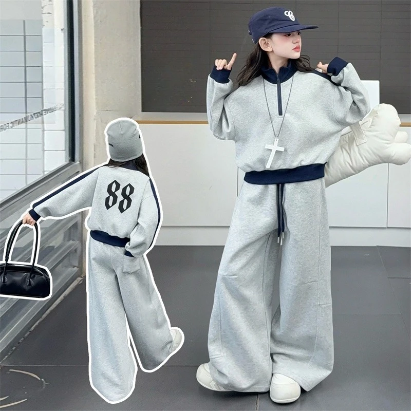 

teen girls sports clothes set Half zip hoodie+wide-leg pants 2pcs junior kid sportswear suit child outfits 4-14 big girl clothes