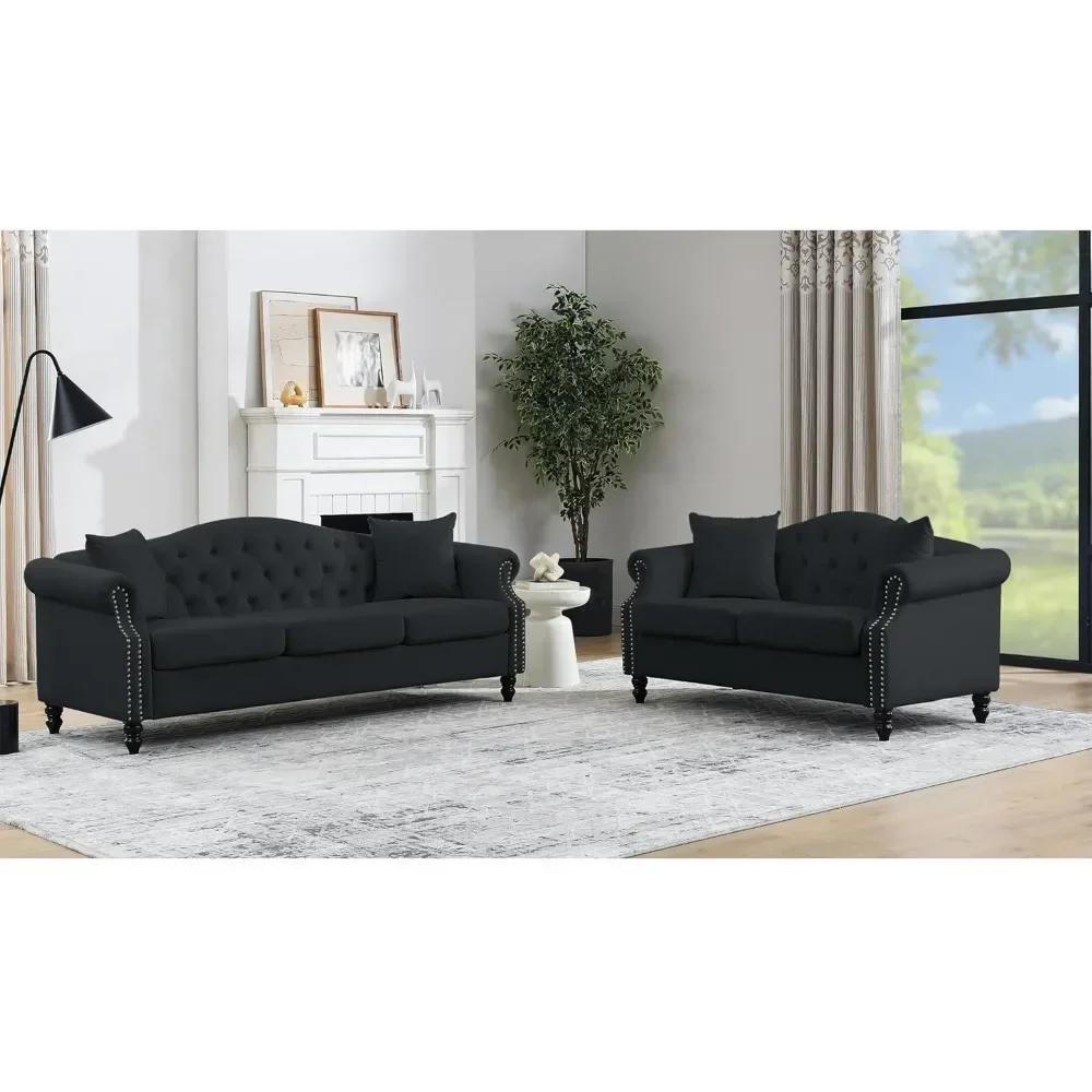 

2 Piece Chesterfield Sofa Set for 5, Couch and Loveseat Set, 3 Seater + 2 Seater Sofa Set, Velvet Upholstered Tufted Couch Set