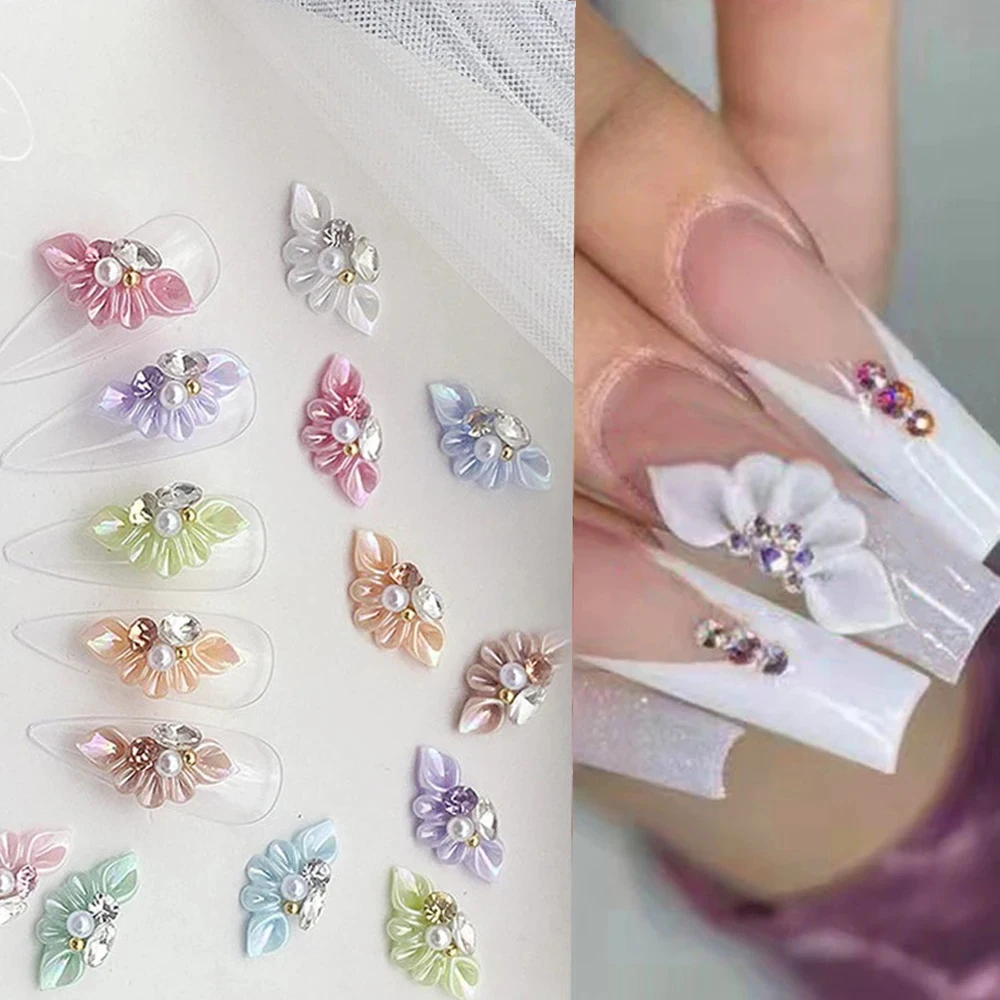 10pcs Acrylic Side Flower Nail Art Decoration 3D Trendy Floret (With Pearl Rhinestone) Nail Jewelry Petal Scale Style Nail Tips