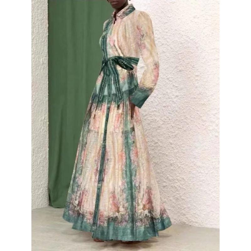 

Early Spring2024New Fashionable Chic Design Sense Silk Linen Printed Long Sleeve French Ethnic Style Long Dress Waist-Tight