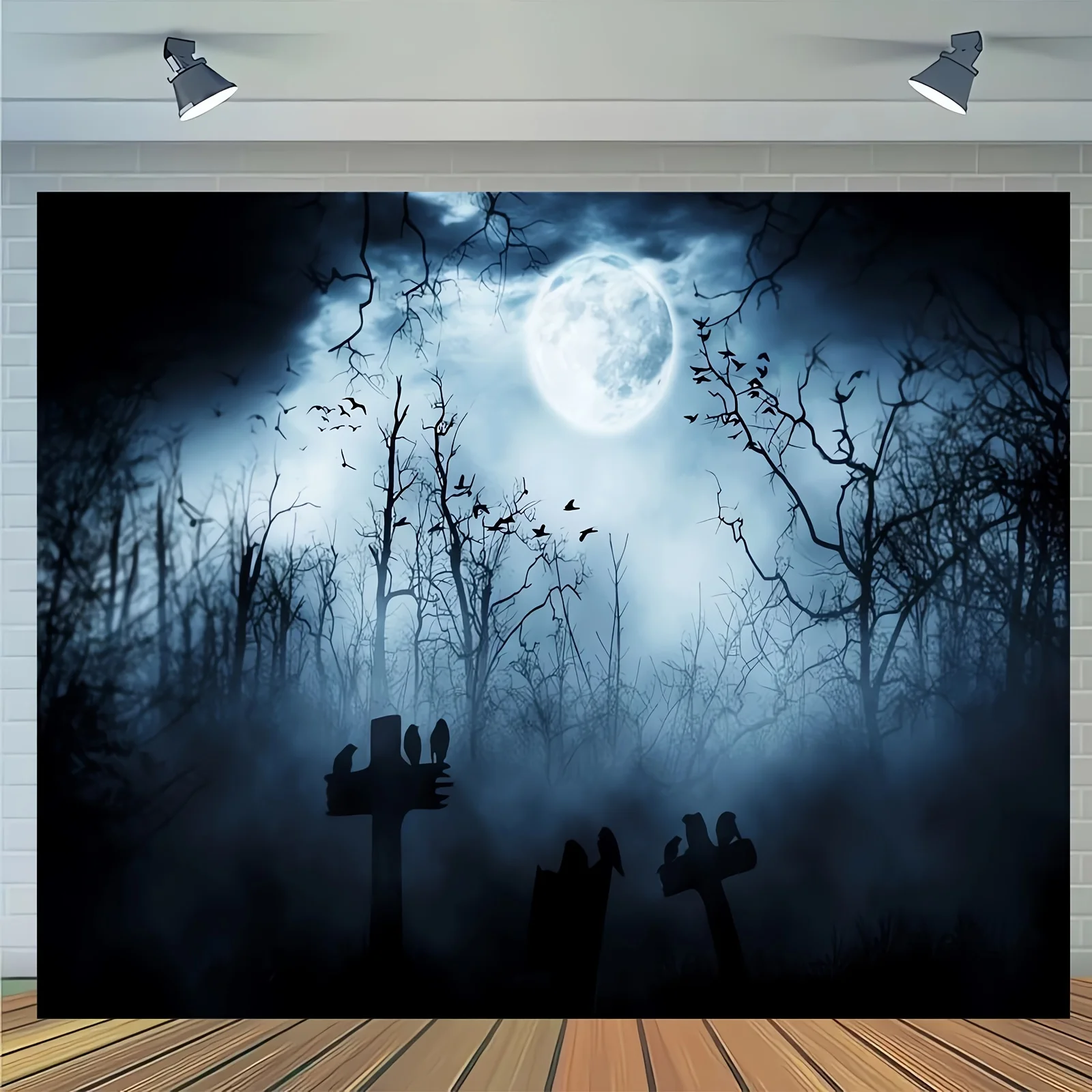 Haunted Bats Flying on Dark Forest Tombstones - Realistic Gothic Photography Background for Ghost Studio Meeting