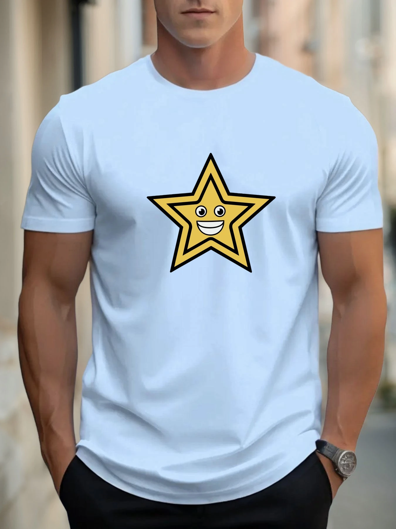 Pop T Shirt For Men Smiley Stars 100% Cotton Graphic Printing Summer Round Neck T-Shirt Casual Breathable Street Style Daily Top