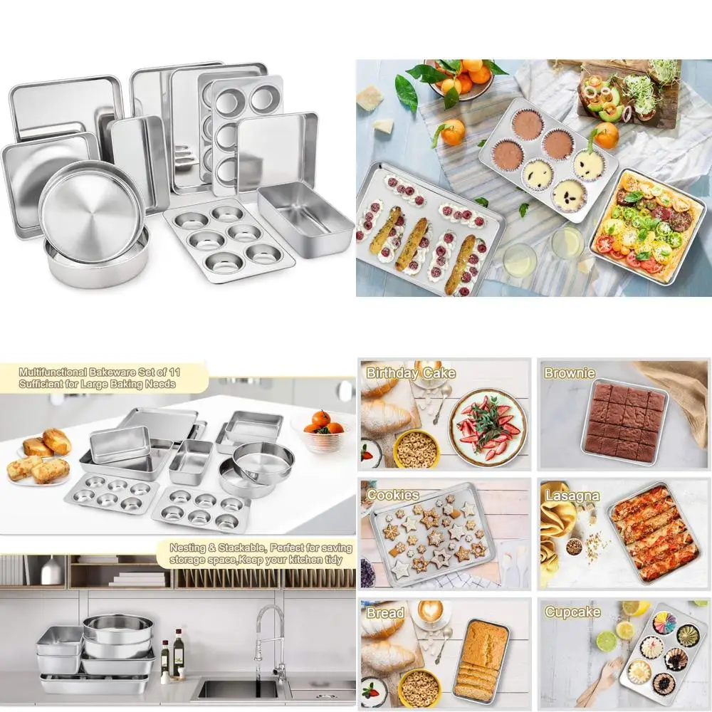 

stainless steel bakeware set of 11, toaster oven baking pan set, lasagna pan, square & round cake pan, loaf pan & muffin pan, h