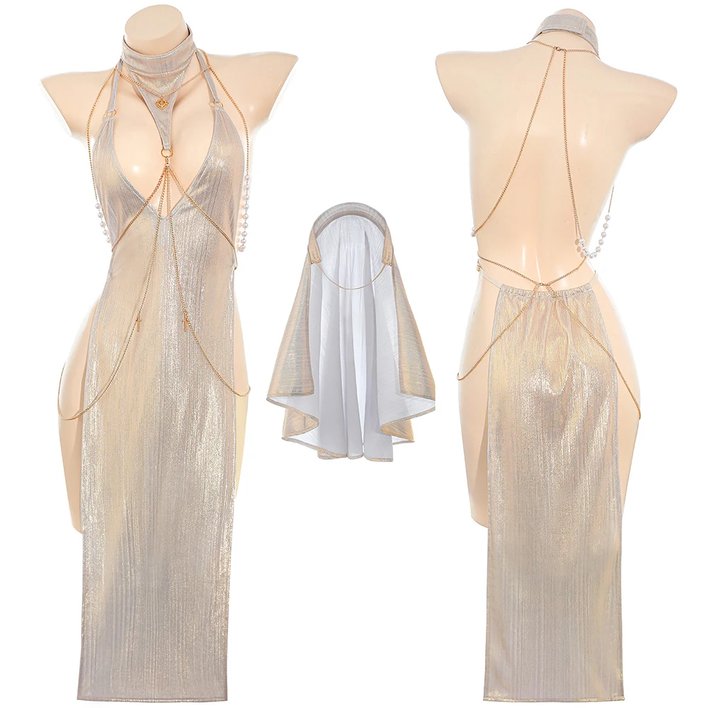 

Moonlight Goddess Nun Cosplay Costume Sexy Cross Gilding Chain Dress Outfit Role Play Lingerie Halloween Costumes