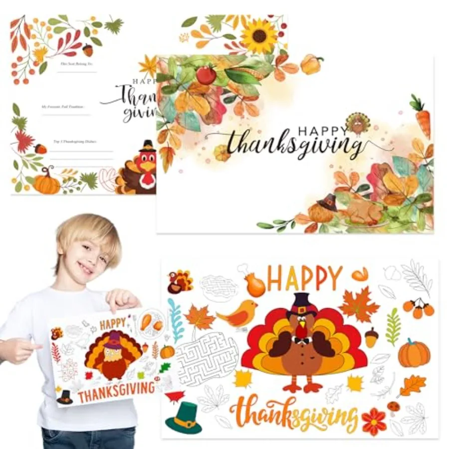 

2 Thanksgiving Paper Placemats Disposable Fall Harvest Turkey Paper Coloring Placemats for Painting Coloring Family Dining Tabl