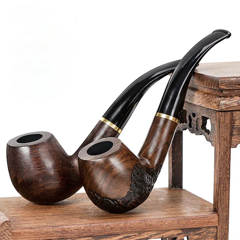 Handmade Black Sandalwood Smoking Pipe with gold ring Tobacco Pipe 9MM Filter Solid Wood Dry Pipe Smoking Craft Wood Pipe