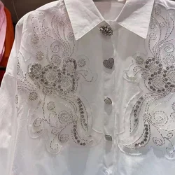 Camisa de algodón blanco con lentejuelas para mujer, blusa de lujo, ropa juvenil, holgada, informal, elegante, 2024