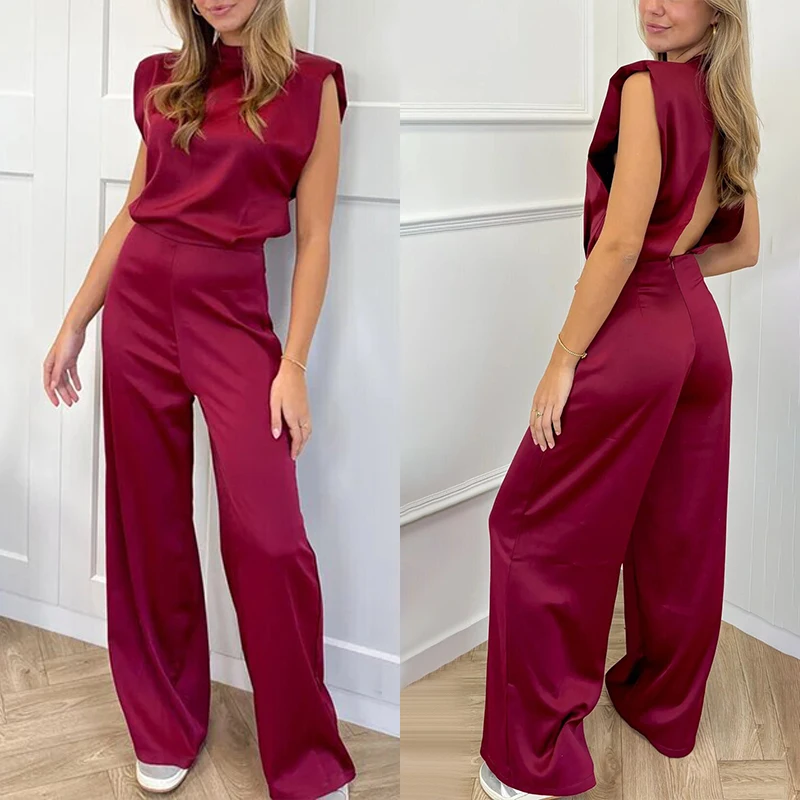 OMSJ 2026 Women's Summer Solid Color Stand Collar Sleeveless Satin Open Back Hollow Jumpsuits Wide Legs Pants Fashion Streetwear