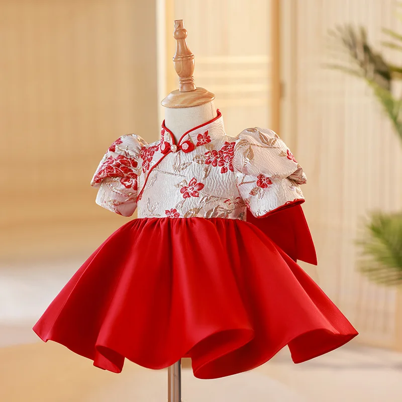 

2024 New Baby Girls 1 st Birthday Baptism Princess Ball Gown Kids Cute Bow Puff Sleeve Wedding Party Dress y1370