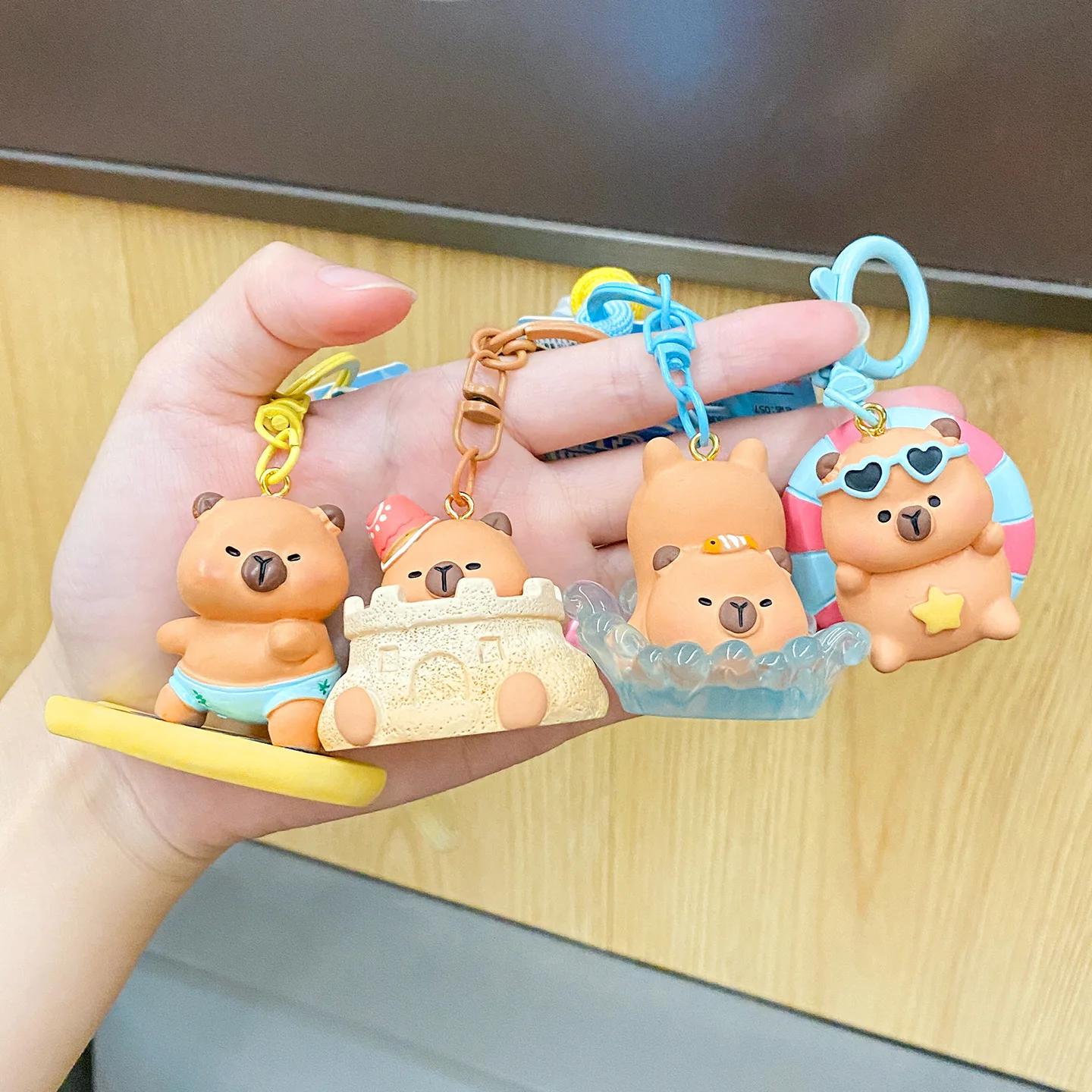 Cartoon Capibara Water Sports Doll Keyring Cute Surfing Swimming Ring Capibara Pendant Keychain Braided Rope Bag Car Key Chain