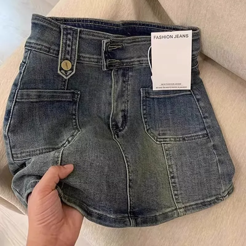 

Джинсовая юбка в американском стиле ретро, женская утягивающая юбка с высокой талией, предотвращает воздействия руки, эластичная юбка трапециевидной формы