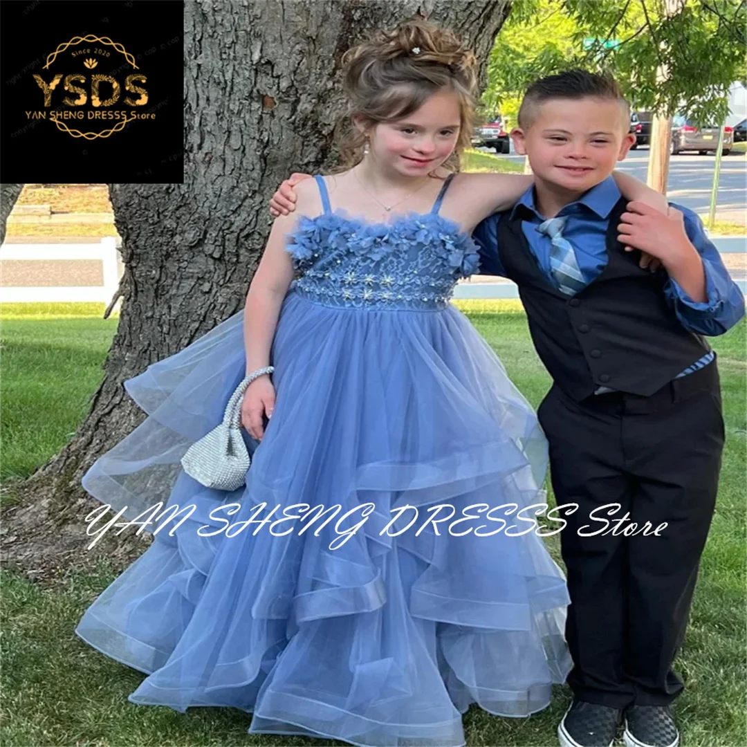 Blue Fluffy Princess Sleeveless Tulle Flower Girl Dress Customized Banquet Costumes for Dance Parties and Parties