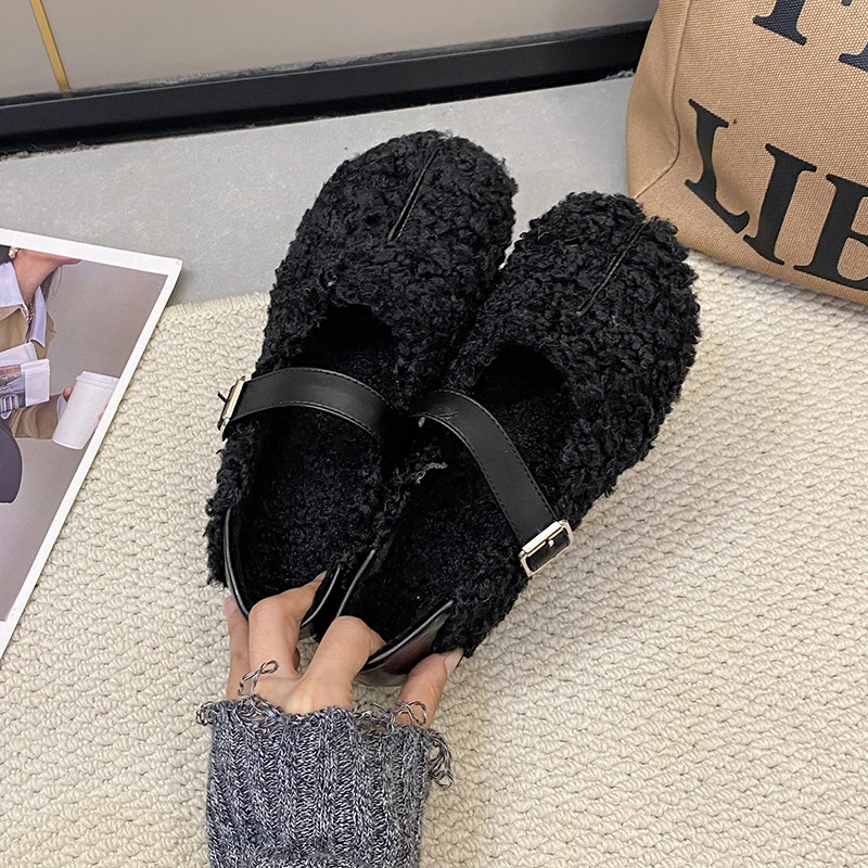 Shoes Woman Flats Loafers Fur Round Toe Autumn Casual  Dress Moccasin Fall Winter Leisure Buckle  Flock Rubb