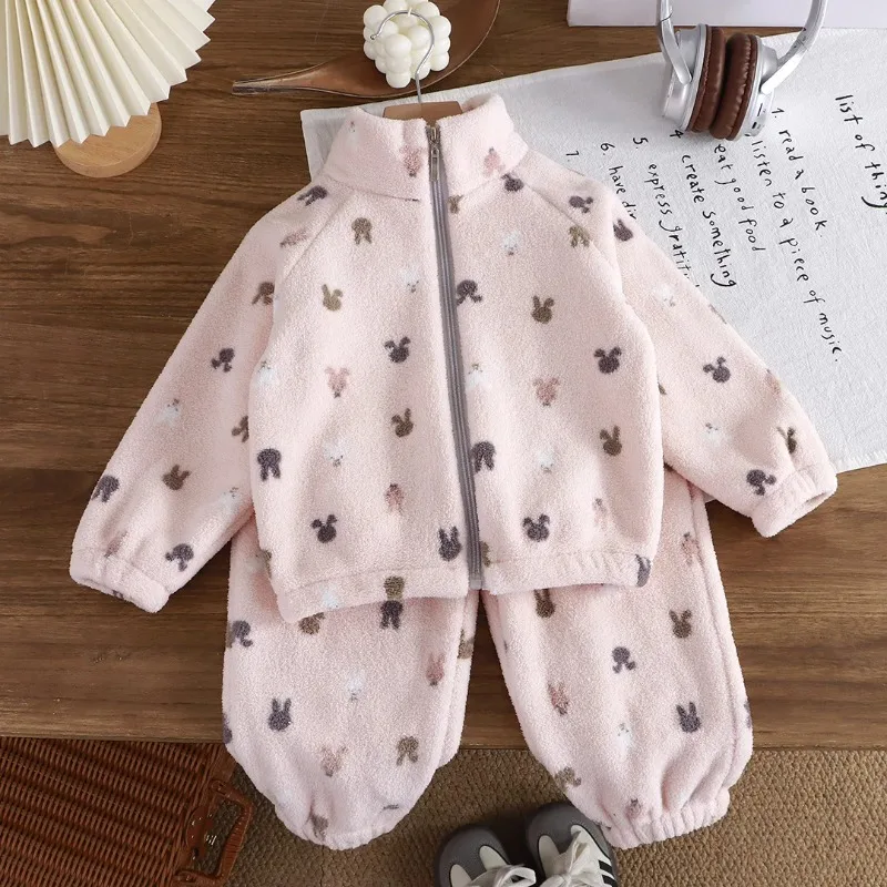 

Toddler baby autumn and winter plus velvet thickened set cartoon children's home clothes shaking and brushed children's set