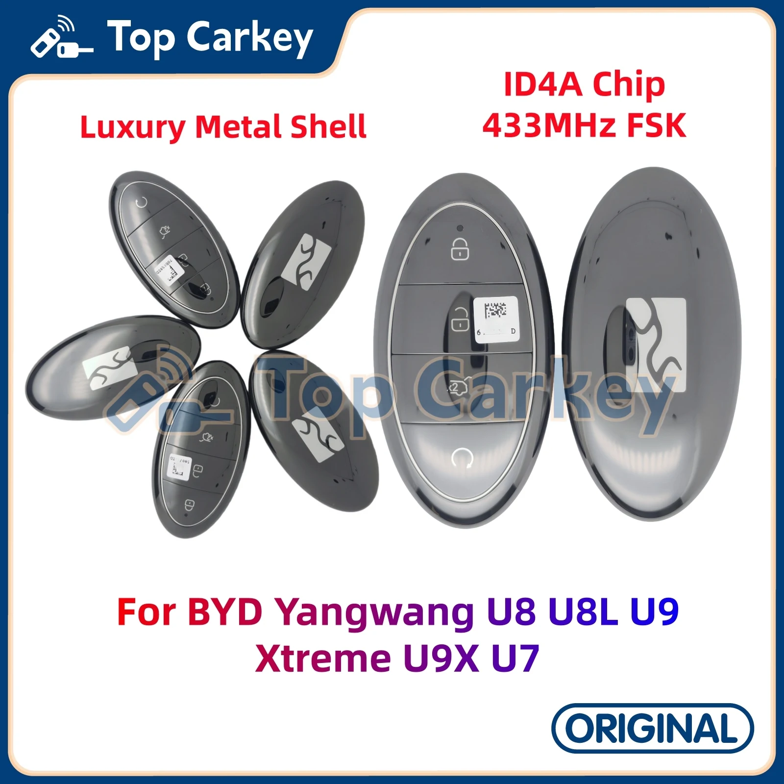 

TopCarkey оригинальный умный дистанционный ключ без ключа Go ID4A чип 433 МГц с металлическим корпусом для BYD Yangwang U8 U8L U9 Xtreme U9X U7