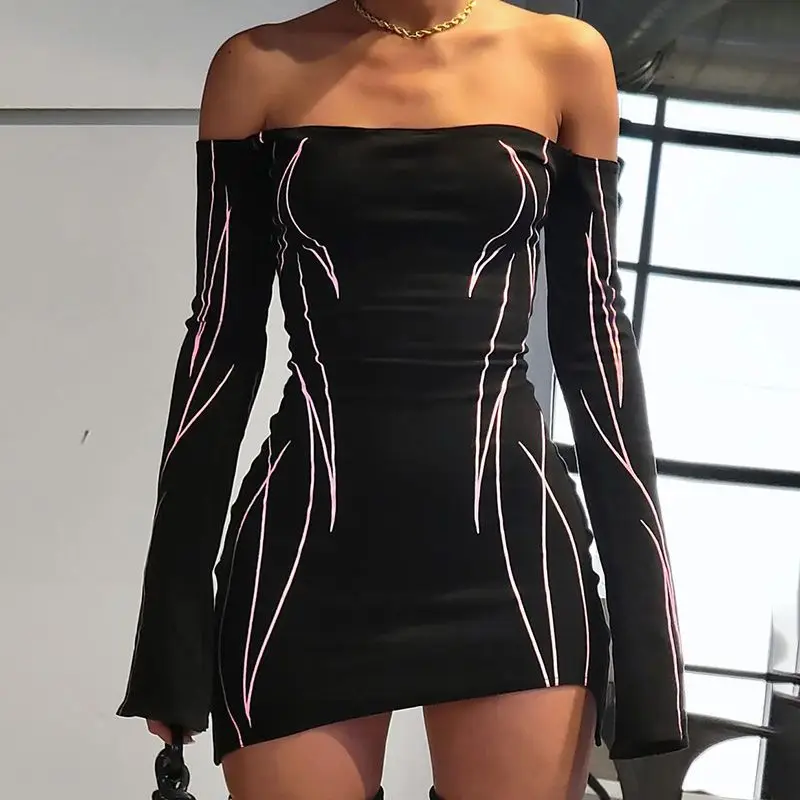 

Off The Shoulder Dress Pattern Long Sleeve Sexy Mature Elegant Mini Dress 2023 Women's Clothing