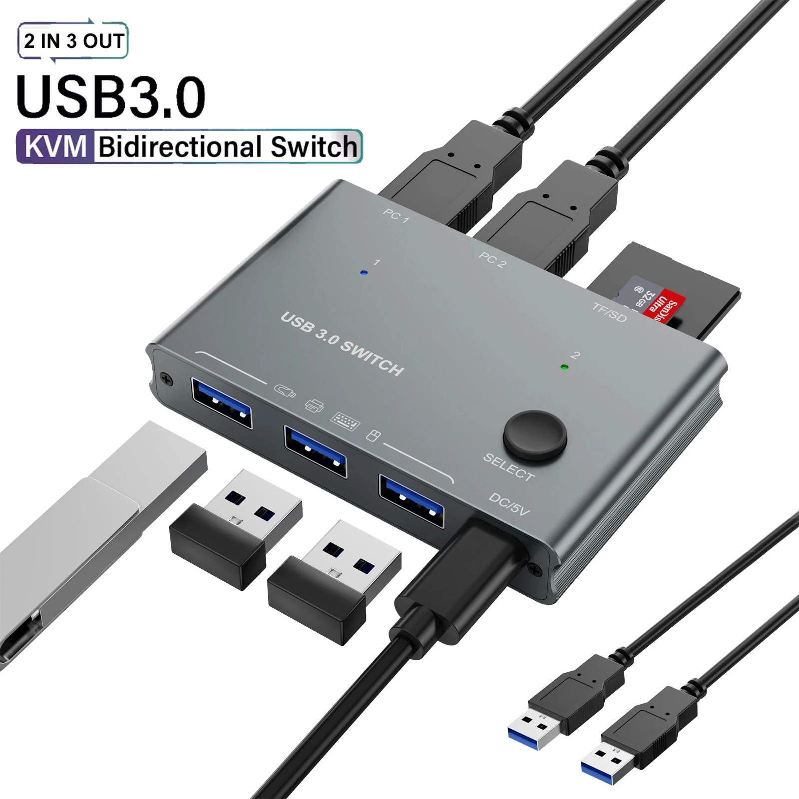 USB KVM Switch Adapter USB 3.0 Switcher 2 Input 3 Output USB Splitter Controller Hub for Laptop Computer Printer Keyboard