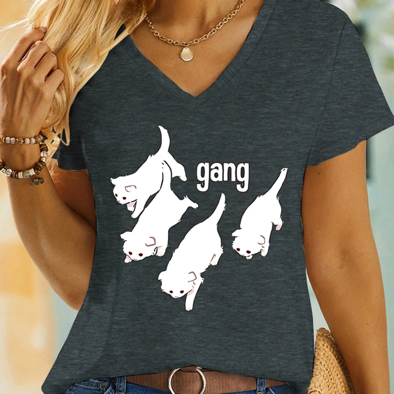 Funny Gang Cat Design Summer Woman T-shirts Cat Lover Gift for Women V-neck Casual Girls Clothing Cute Animals Premium T-shirt