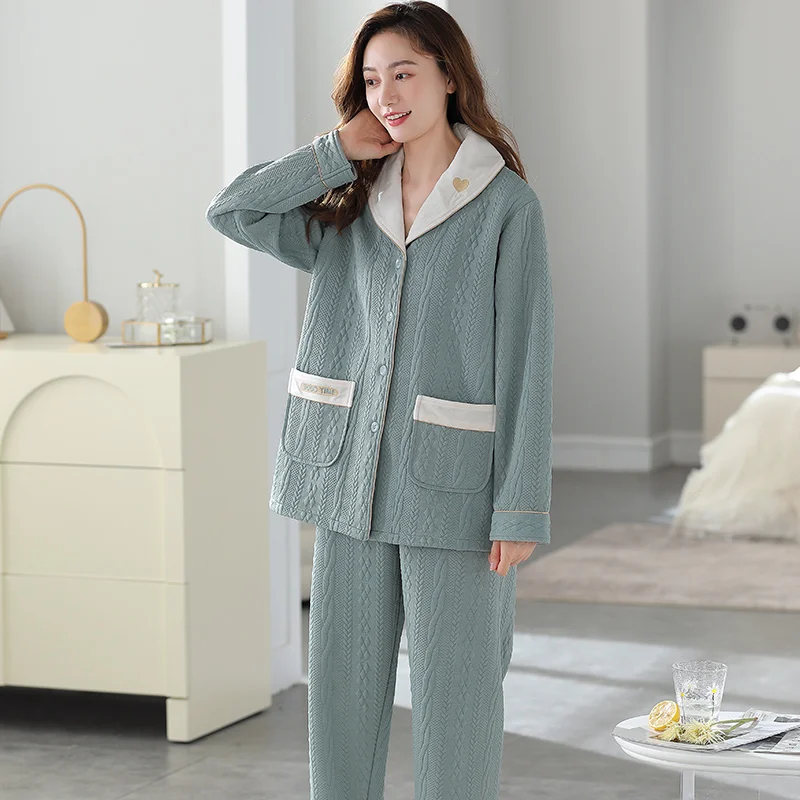 Pyjama à manches longues pour femme, ensemble deux pièces, coton, trois couches, matelassé, épais, vêtements de maison, automne, hiver