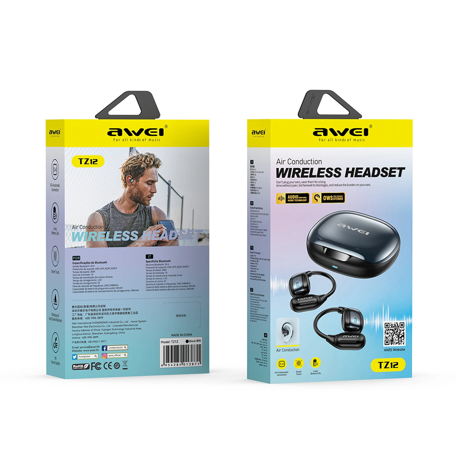 سماعات توصيل هوائي AWEI TZ12، بلوتوث 5.4، محرك Ø14 ملم، مقاومة للماء IPX4، صوت عالي الدقة، سماعات أذن لاسلكية مفتوحة الأذن للرياضة