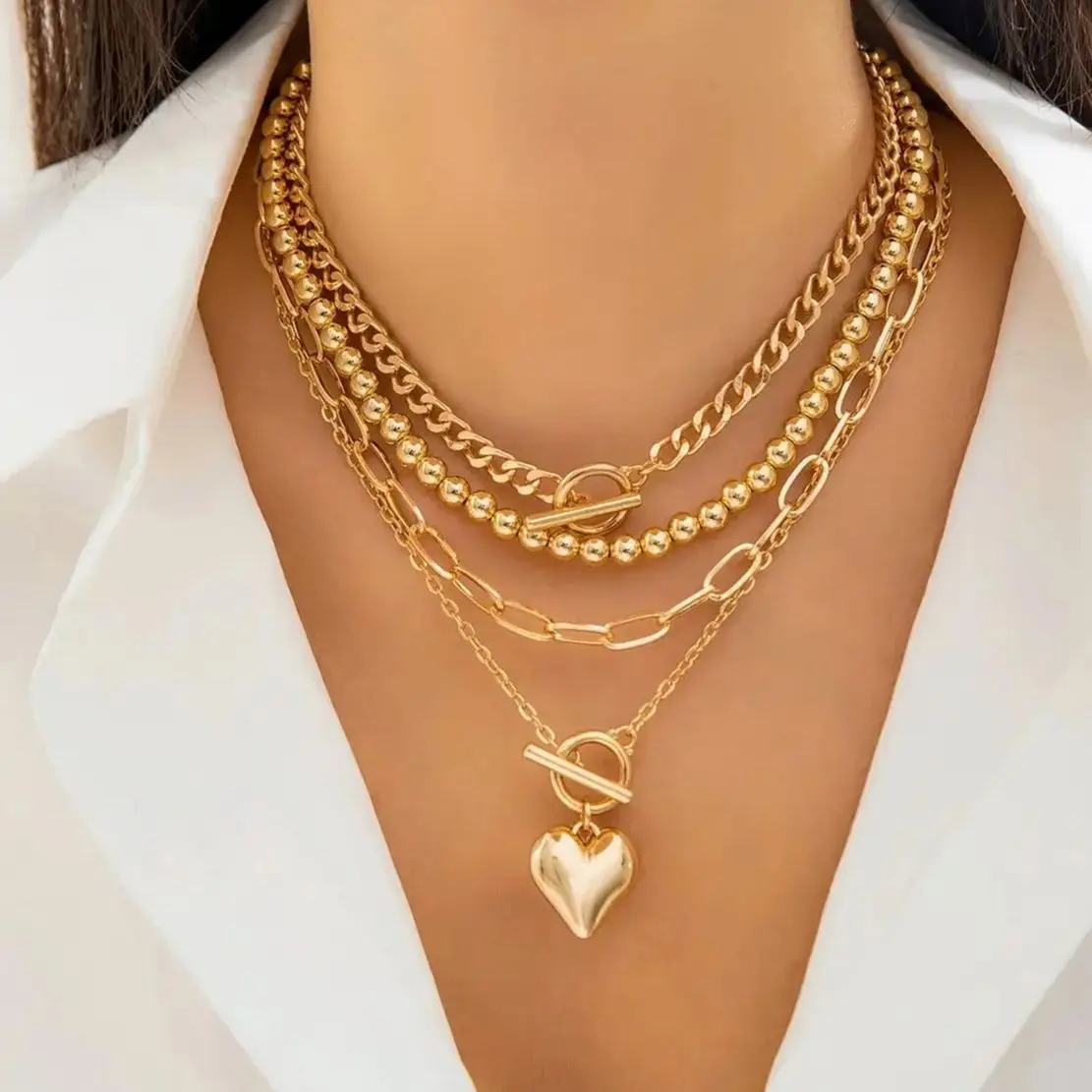 SHIXIN 4Pcs/Set Retro Love Heart Pendant Necklace for Women Punk Multi Layer Stackable Ball Beaded Chain Cuban Link Choker Gifts