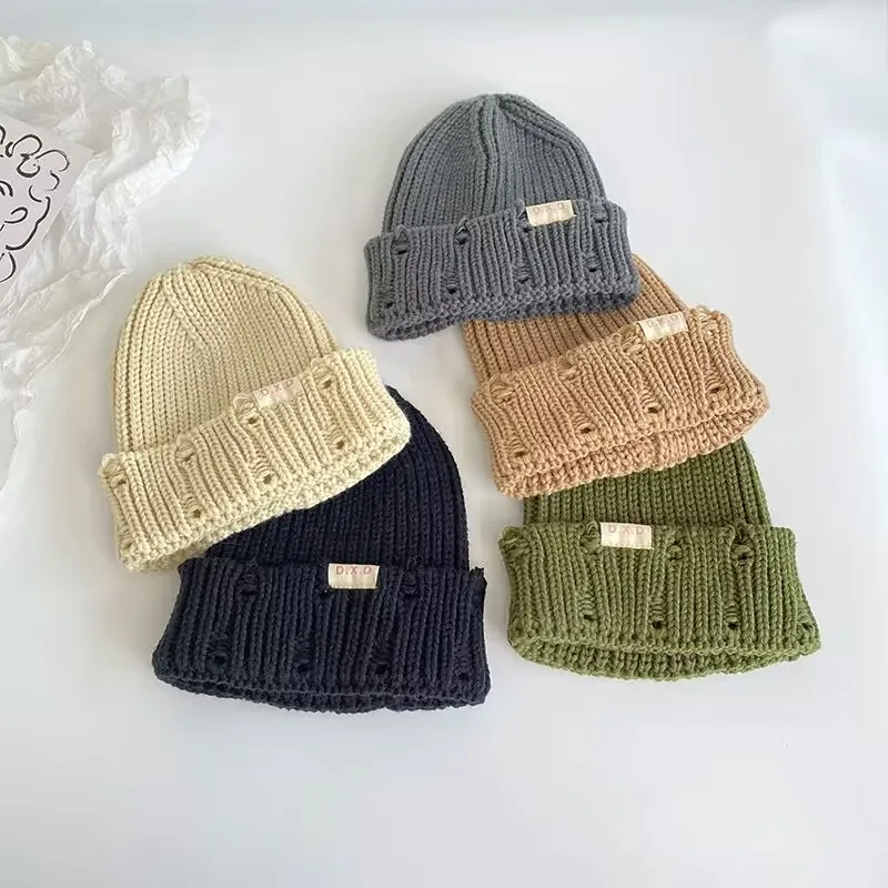 Children\'s knitted hat ear-protection warm wool hat children boys torn hole-over hat boom street