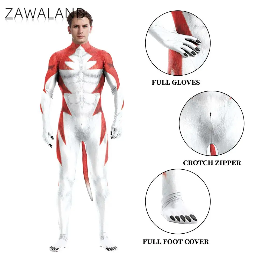 Zawaland Men Red Husky Petsuit Full Cover Animal Costume Adult Kids Carnival Purim Holiday Party Clothes with Tail Zentai Suit