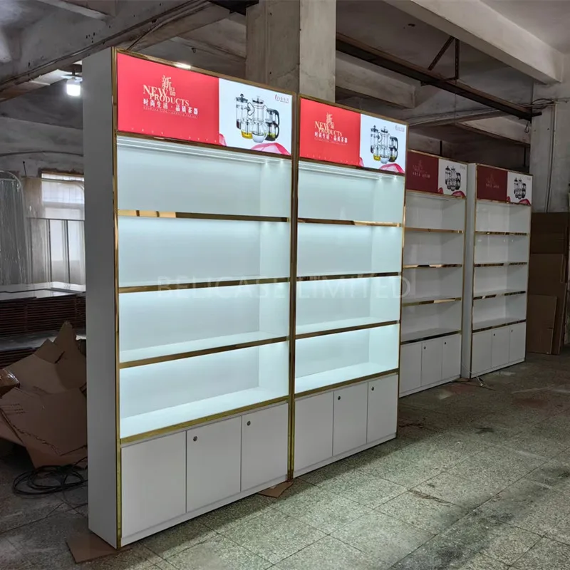 2025customized.White Retail Cosmetic Display Showcase and Makeup Store Shelving with Led Lights Beauty Salon Products Display Ca