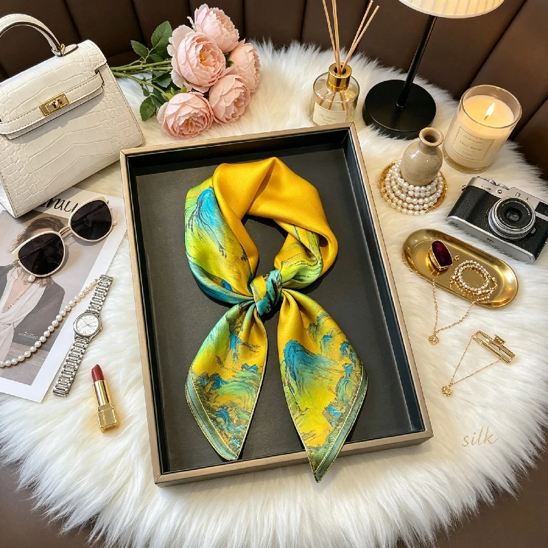 Women'S Retro Bags - 千マイルの江山を描いたレトロな中国風の薄い春夏風景画53シルクシルクスカーフネックスカーフタイバッグ