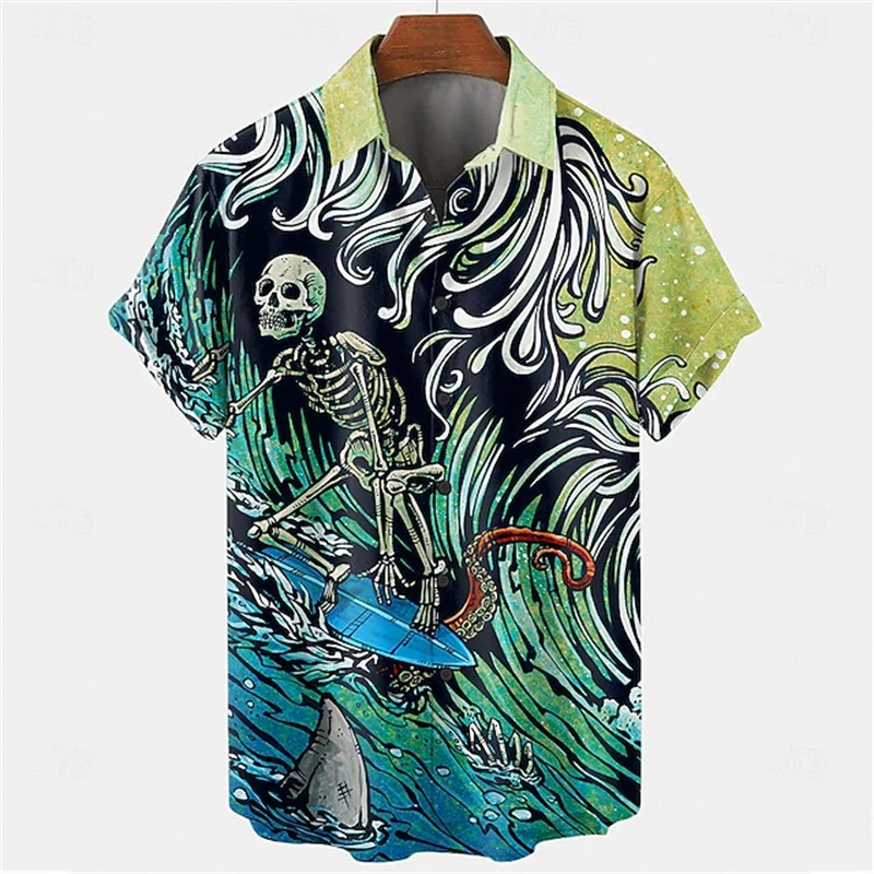 

Мужская рубашка на Хэллоуин с рисунком черепа, топ на пуговицах, костюм для Хэллоуина, мужской костюм с лацканами на Хэллоуин, модный повседневный костюм с короткими рукавами