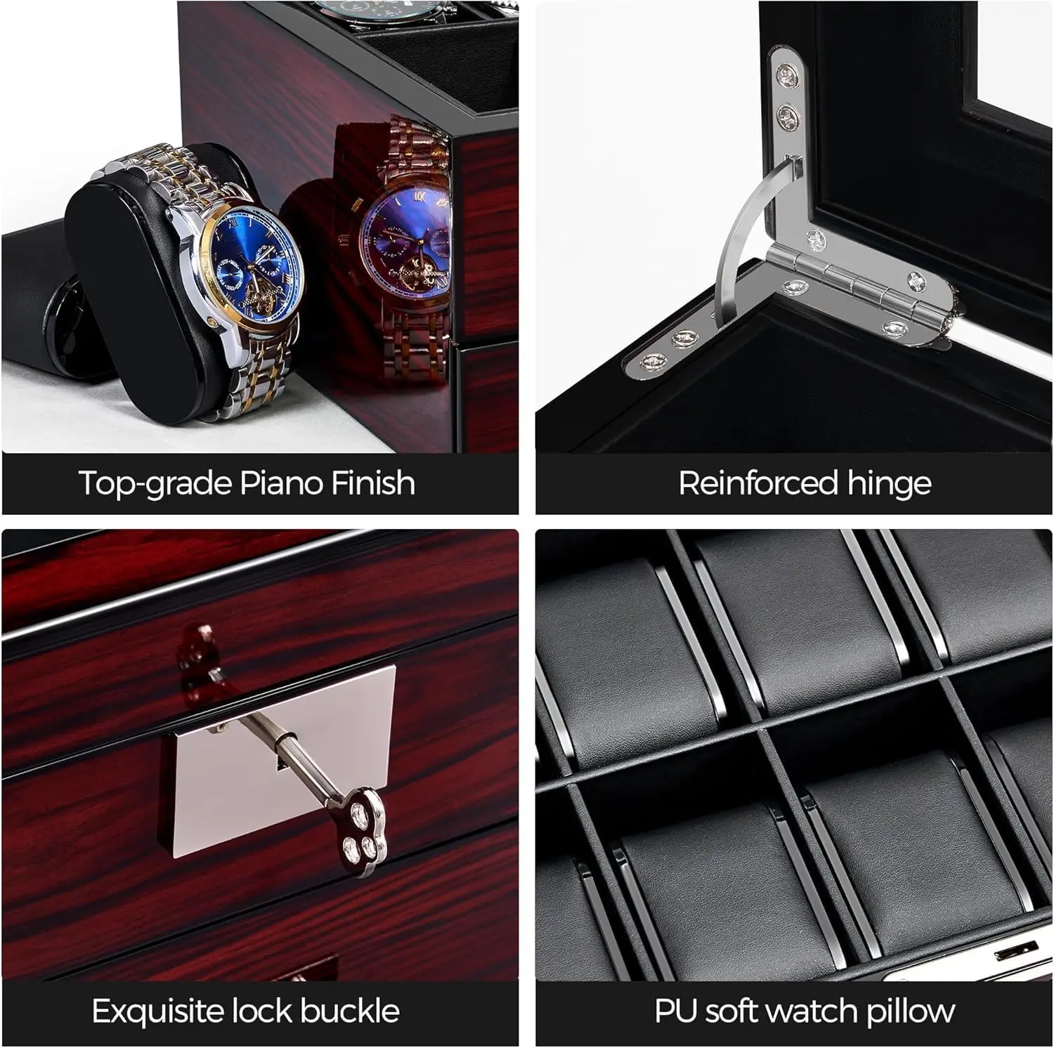 12 Slot Watch Cases for Men Watch Box with Large Lid Jewelry Box with Watch Storage 2-Tier Paint Surface Watch Holder Organizer