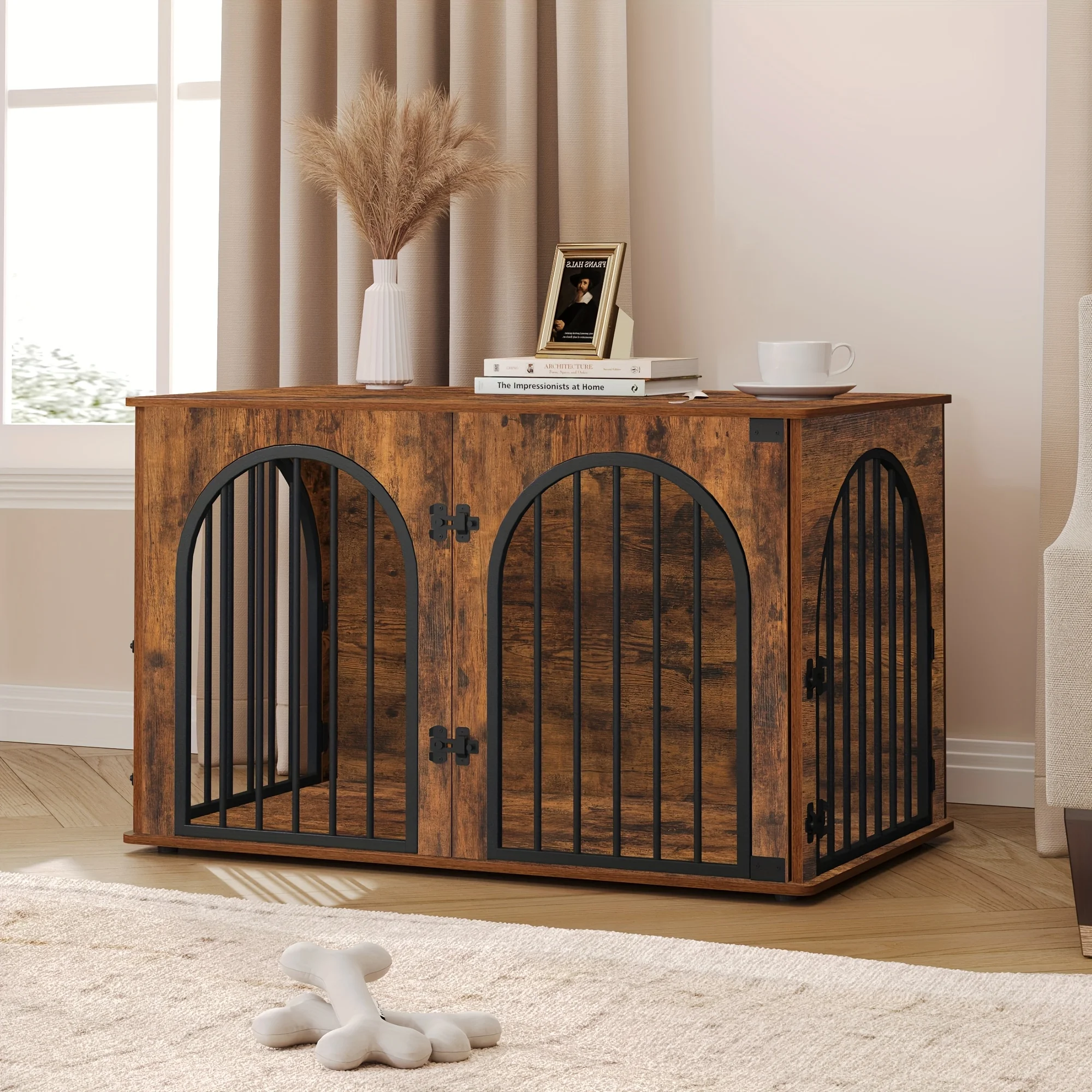 

Мебель-вольер для собак 39,4 дюйма - Деревянный вольер для собак с арочными дверцами, для маленьких/средних/крупных собак, с боковой стенкой