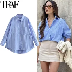 TRAF Blue Striped Shirt Women Casual Oversized Long Shirt Woman Korean Fashion Button Up Long Sleeve Shirts Office Loose Shirt