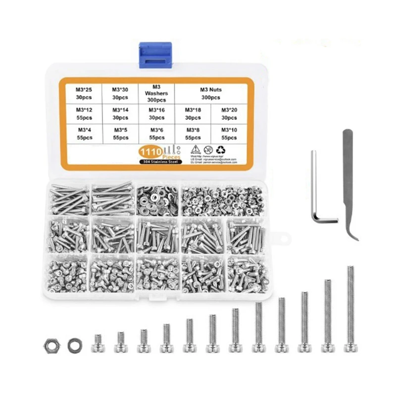 

M3 Stainless Steel Screws Nuts Washers Assortment Kit with Hex Wrenches, 1100 Pcs Hex Socket Button Cap Screws