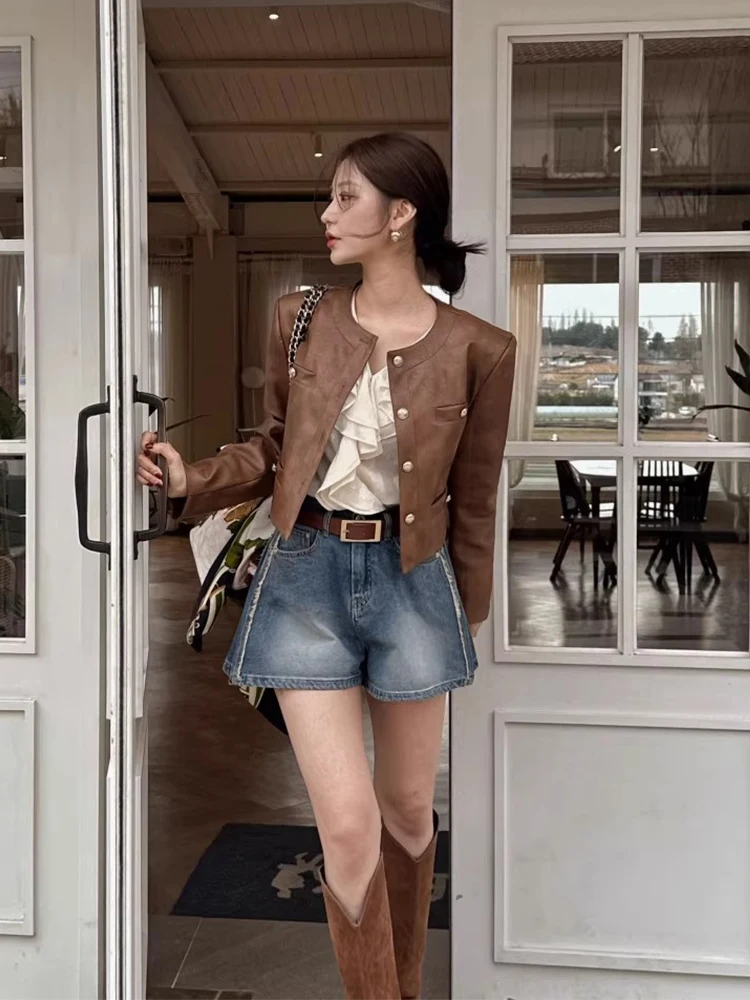 Chaqueta de motocicta estilo BF hoada con cuello redondo retro y doble bolsillo, de cuero PU para mujer, e, noved...