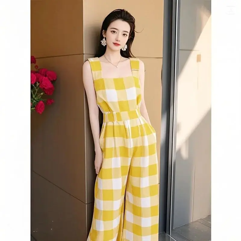 New High Quality Plaid Women's Jumpsuit Fashion Square Neck Sleeveless High Waist Casual Wide Leg Pants Rompers Summer Outfit