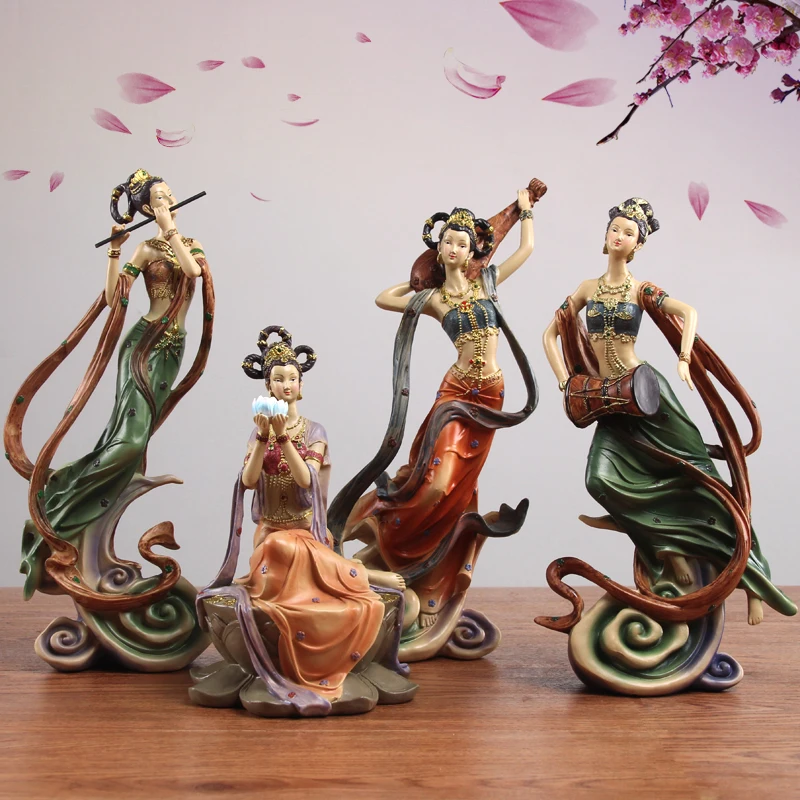 

Chinese Dunhuang Feitian Goddess Zen Resin Ornaments Home Livingroom Desktop Sculpture Crafts Store Cabinet Figurines Decoration