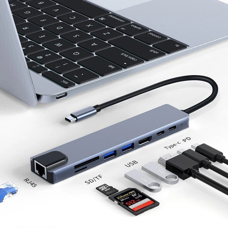 نوع C محور USB مع HDMI ، محول كمبيوتر محمول ، محول ، USB av ، قرص ، كابل إيثرنت ، OTG ، قارئ بطاقات ، قاعدة شحن ، 8 في 1