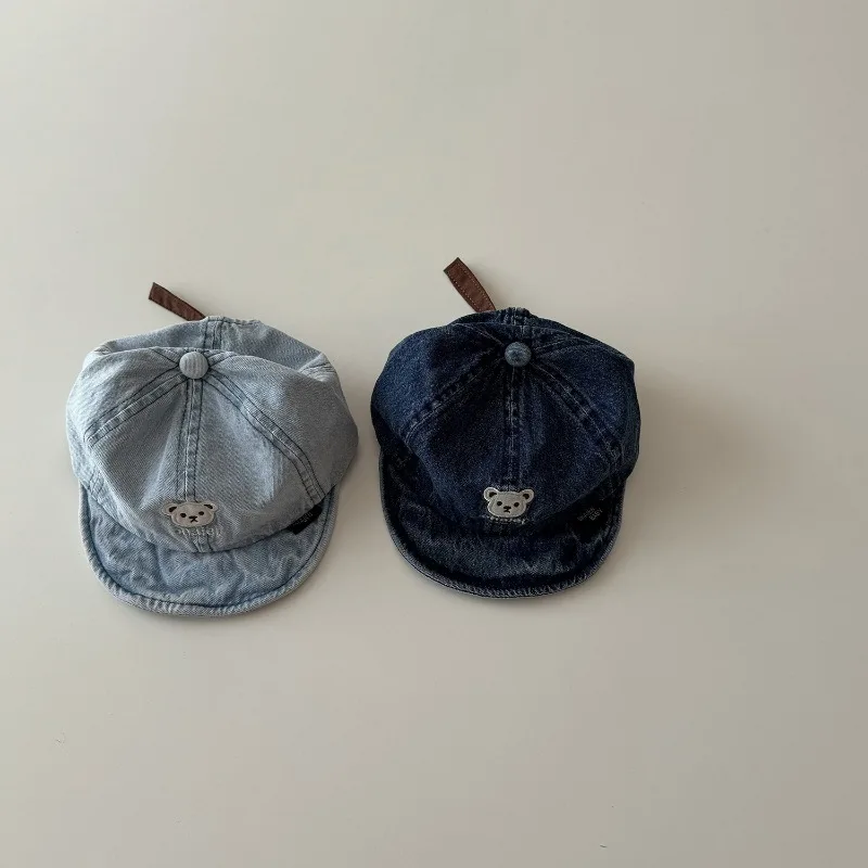 1 Piece Fashion Baby Basaball Cap for Boy Girl American Style Denim Blue Peak Cap for Toddler Cartoon Bear Travel Sunshade Cap