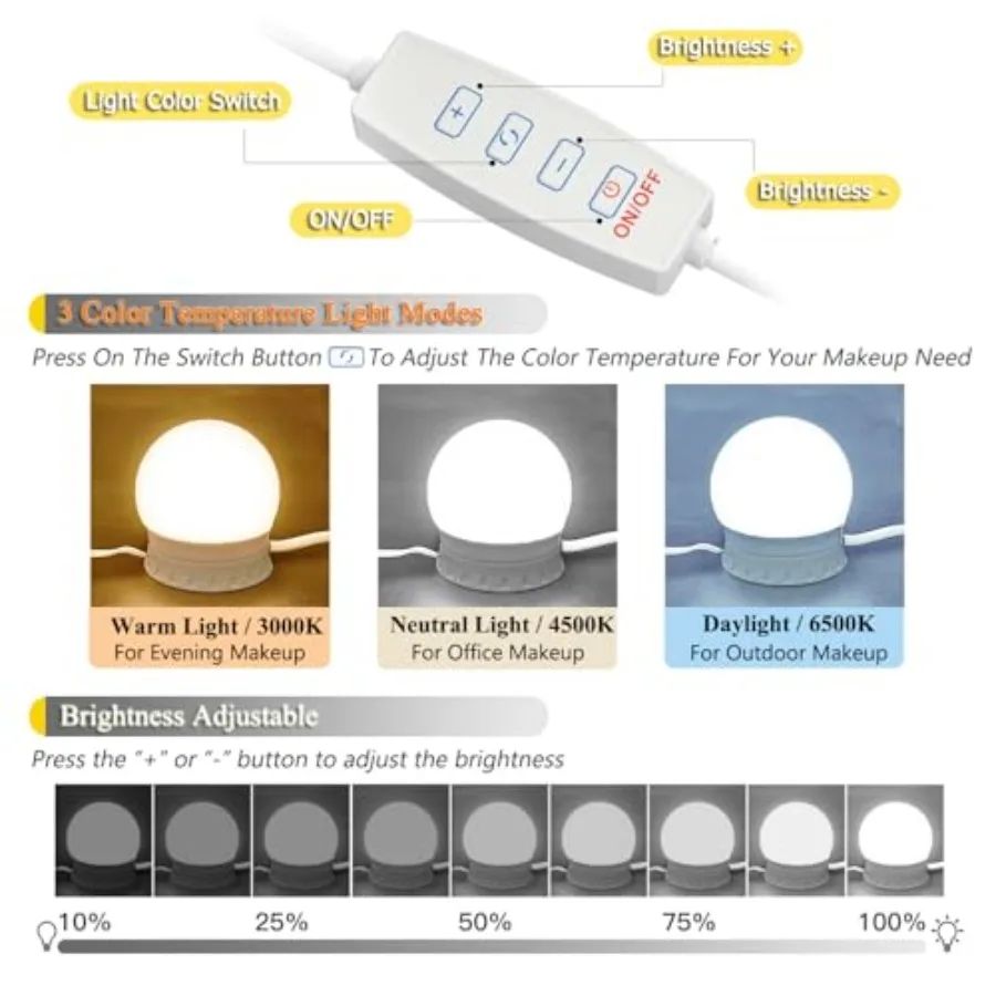 LED Vanity Mirror Lights, Hollywood Style Stick On for Makeup Dressing Lighting, Adjustable Color Temp and Brightness, USB Cabl