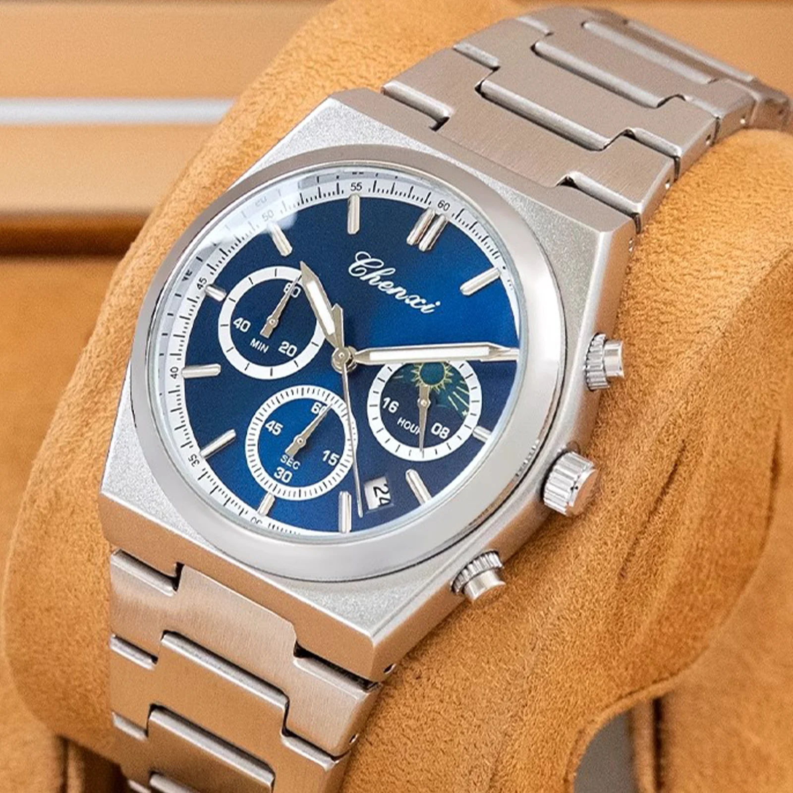 

CHENXI Luxury Stainless Steel Watch For Man Multi functional Waterproof Moon Phase Date Wristwatch Casual for Male Clock