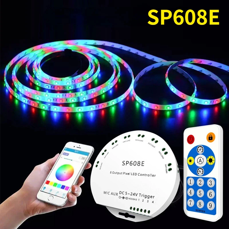 

SP608E DC5V-24V WS2812B Music Controller WS2811 WS2815 8CH Signal LED Light Strip Built In Mic IOS Android Bluetooth-compatible