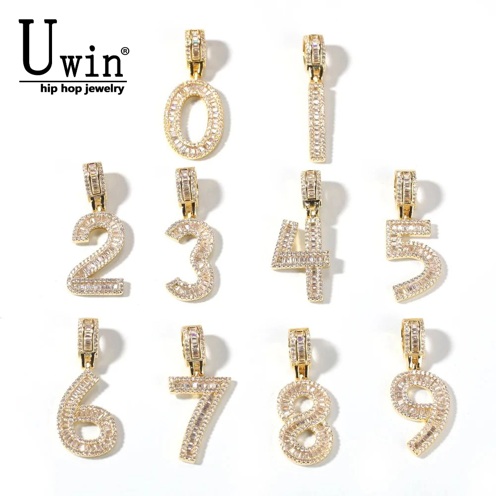 Uwin Iced Out Baguettecz Number Pendant 0-9 Single Digit Charms Hip Hop Bling Digit Necklace Pendant Men Women Jewelry Gift