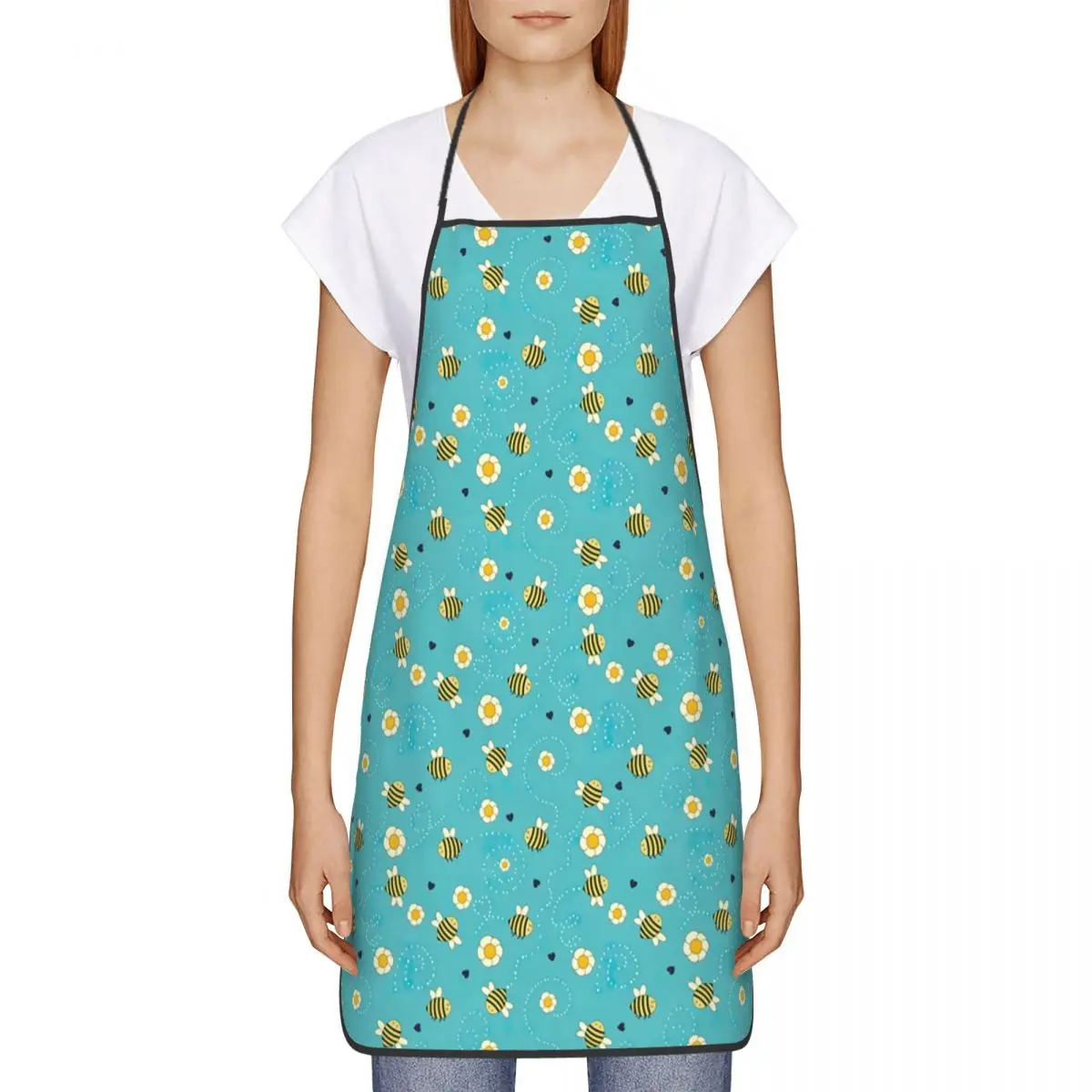 Unisex Sunflower Pattern With Cute Bees Bib Apron Adult Women Men Chef Tablier Cuisine for Kitchen Cooking Floral Flower Baking